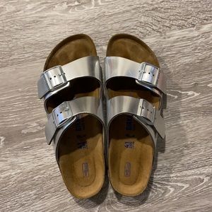 Birkenstock Arizona Silver 2 Strap Slip On Sandals
